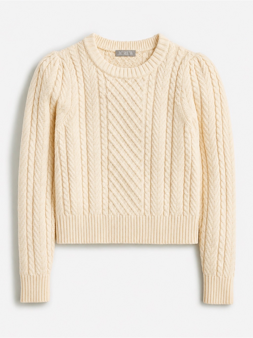 J.Crew Cable-Knit Puff-Sleeve Crewneck Sweater in Antique White/Cream